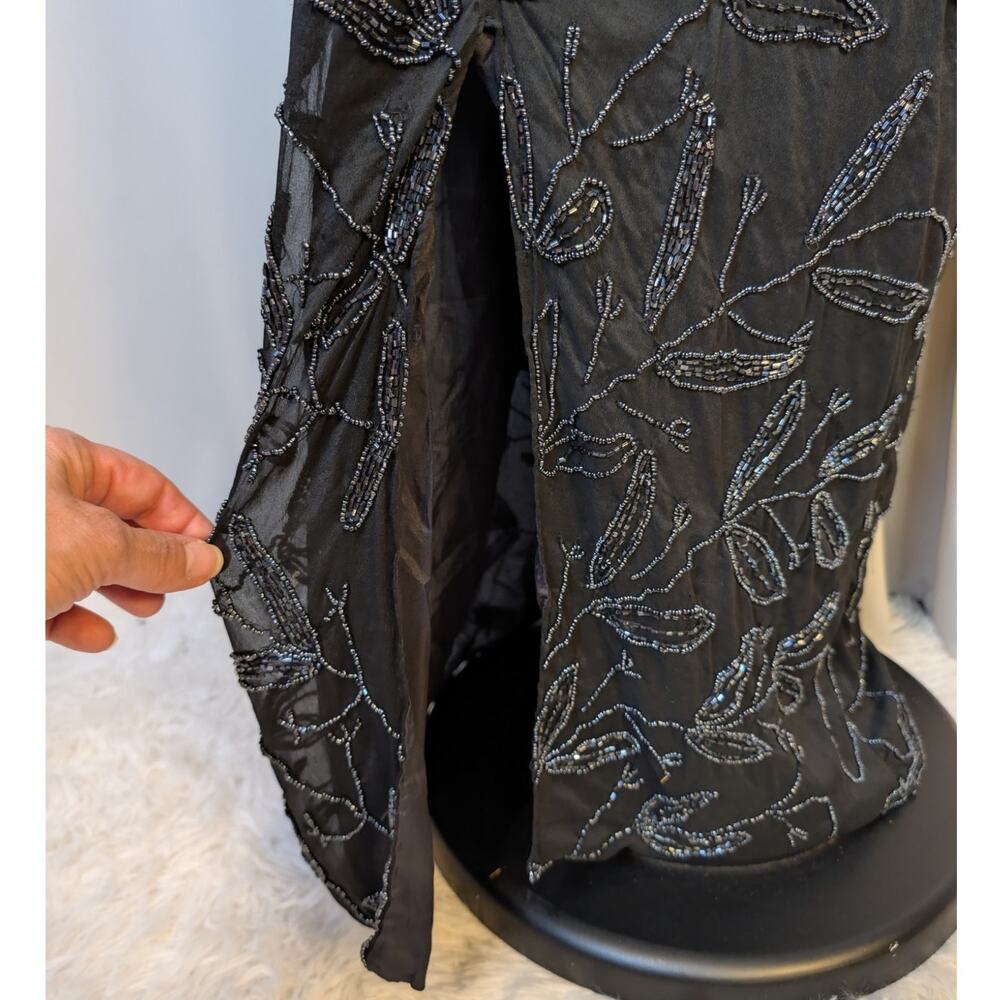 Vintage 80s Black Silk Beaded Evening Gown Art Deco Sheer Overlay Maxi Dress - Picture 12 of 16